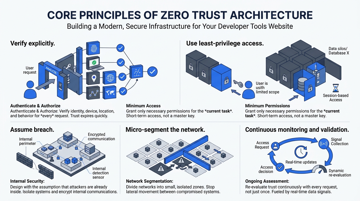 Zero Trust Architecture core principles infographic: Verify Explicitly, Use Least-Privilege Access, Assume Breach, Micro-segment the Network, and Continuous Monitoring and Validation